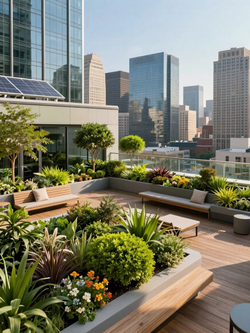 A green rooftop garden atop a modern city building