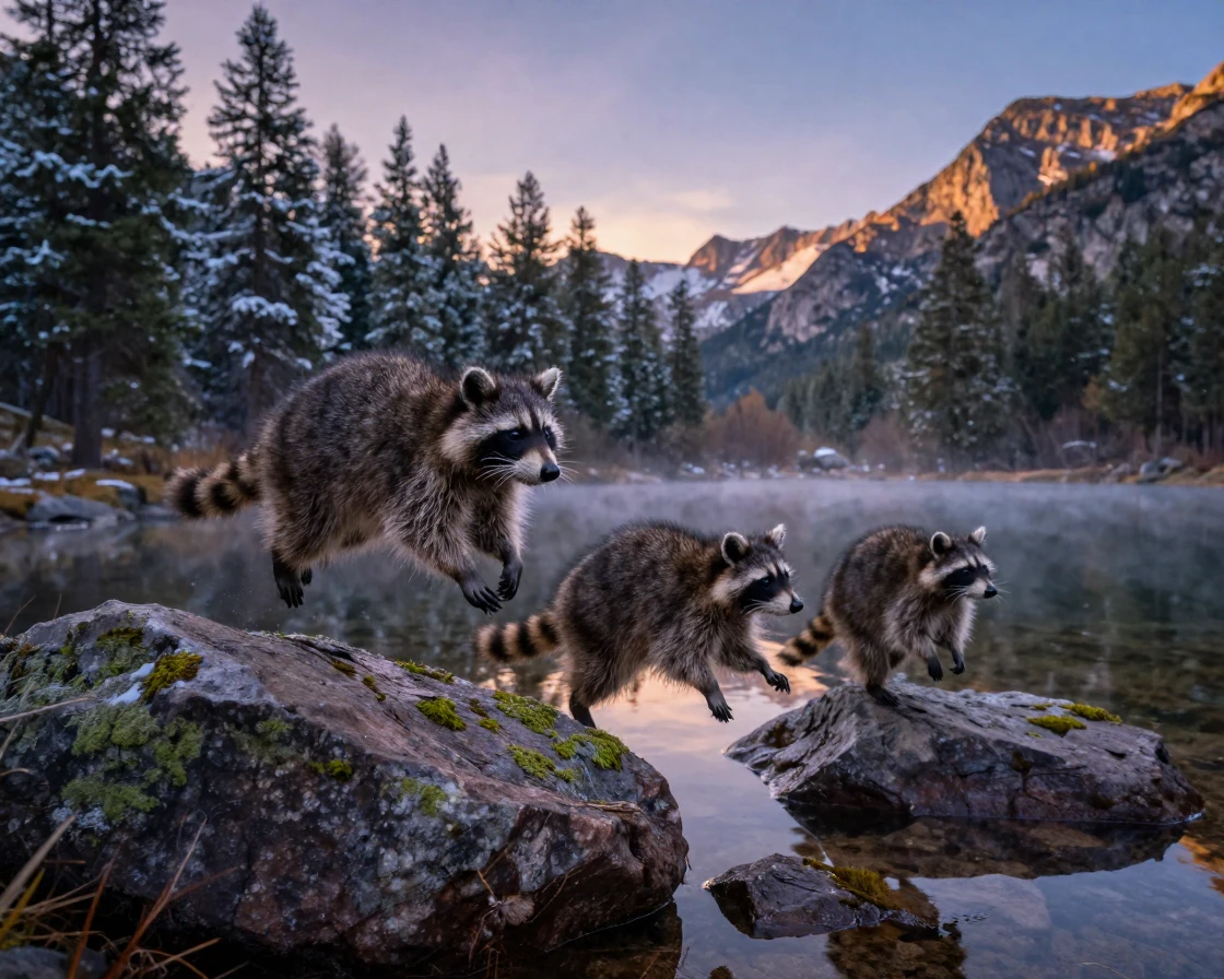A family of raccoons leaping gracefully between rocks beside a tranquil alpine lake as the day slowly fades