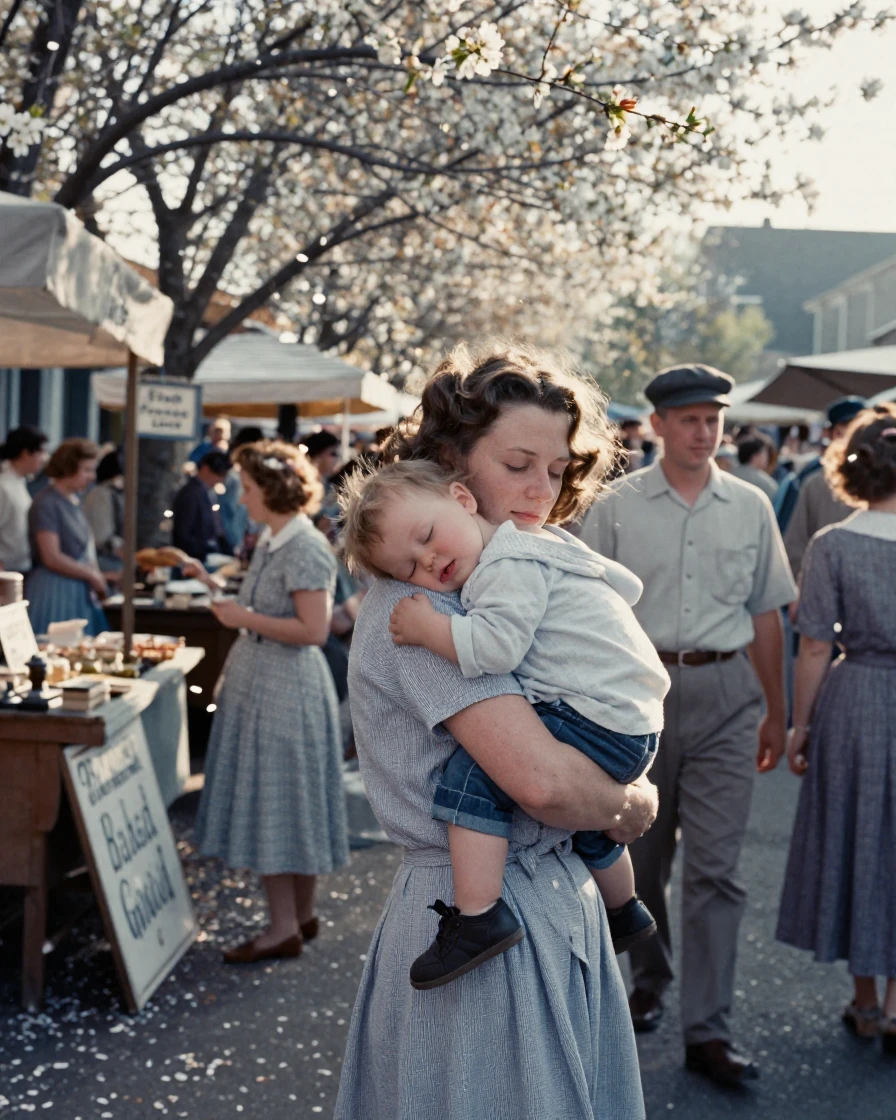 A mother carrying a sleeping toddler through a crowded street market, in warm morning light, with a soft breeze stirring the air, as spring blossoms unfurl, in cool blues and silvery greys, over the shoulder of the main subject.