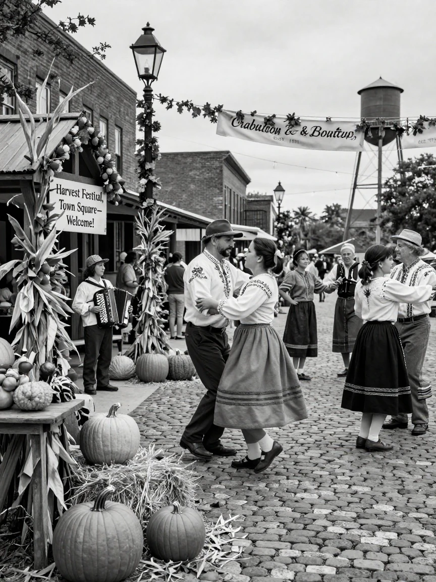Villagers in folk costumes celebrate a traditional harvest festival in a decorated town square.