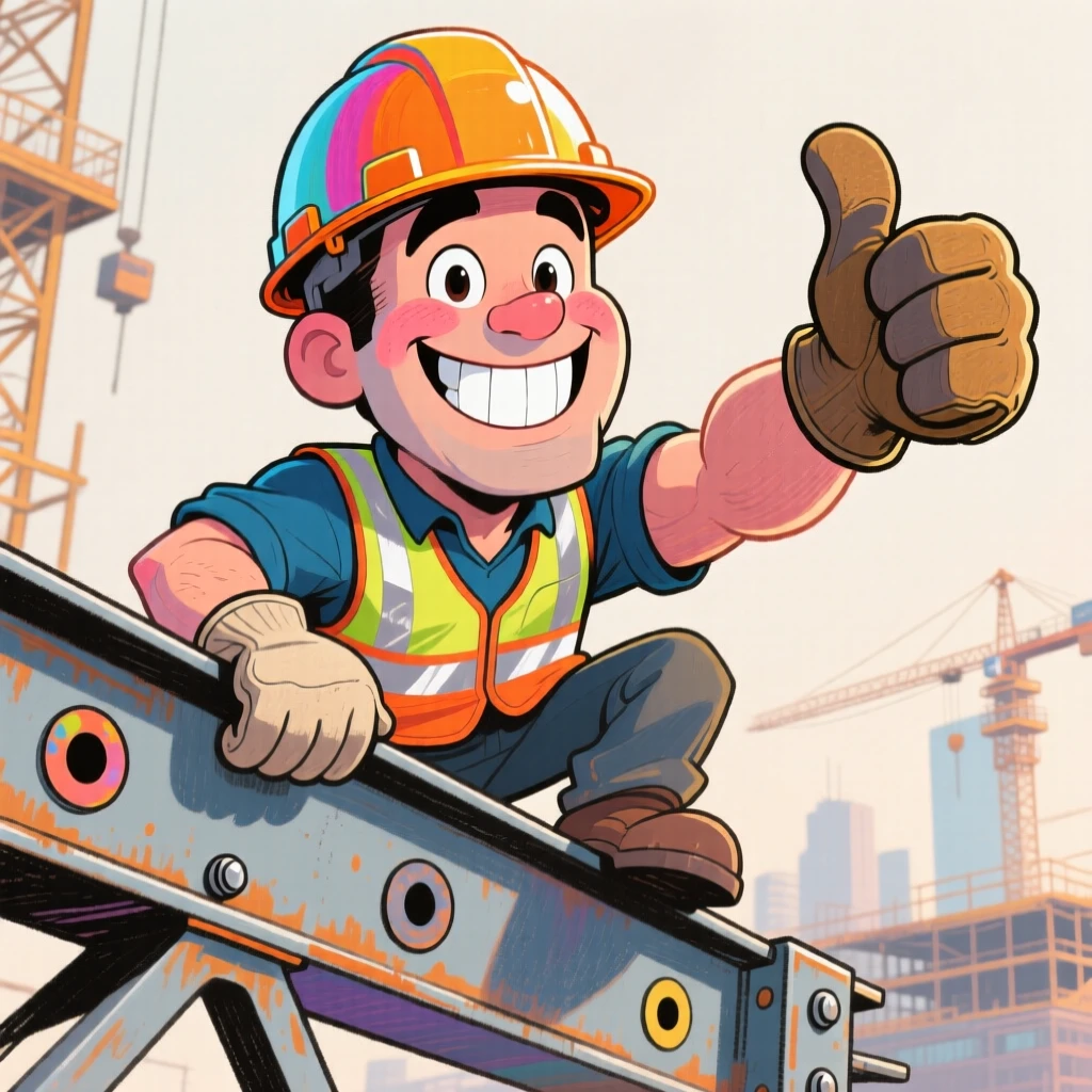 A construction worker in a hard hat giving a thumbs up atop a steel beam.