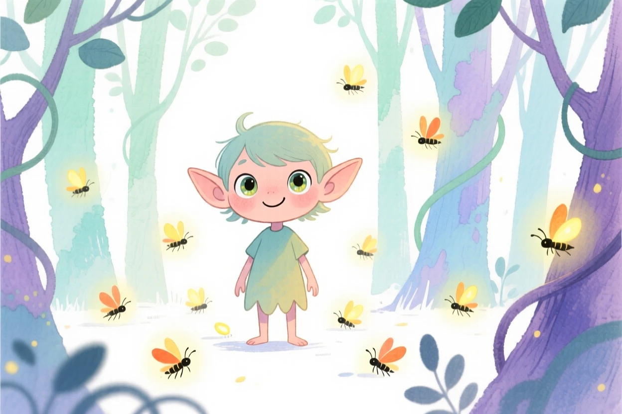A tiny woodland pixie surrounded by glowing fireflies in an enchanted forest