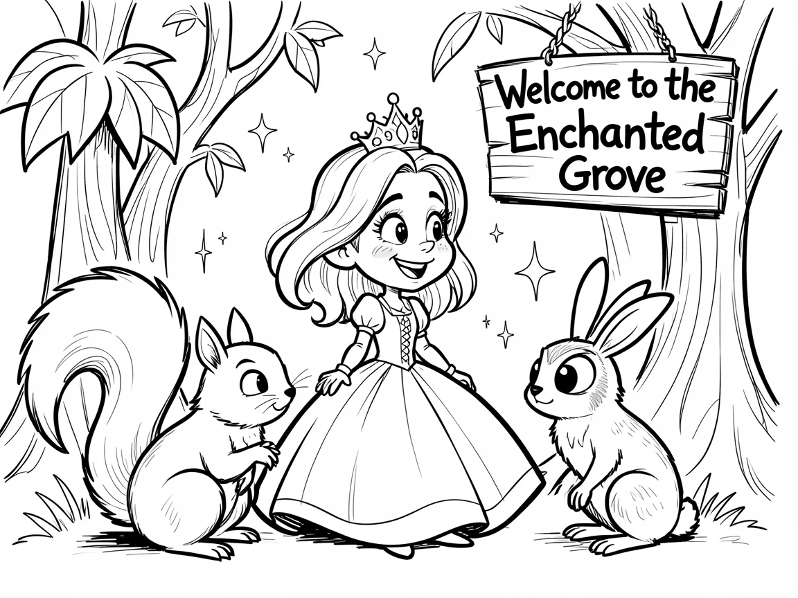 [Fantasy & Imaginative Scenarios] Imaginative fantasy scene of a princess talking to woodland animals in an enchanted forest, brimming with wonder