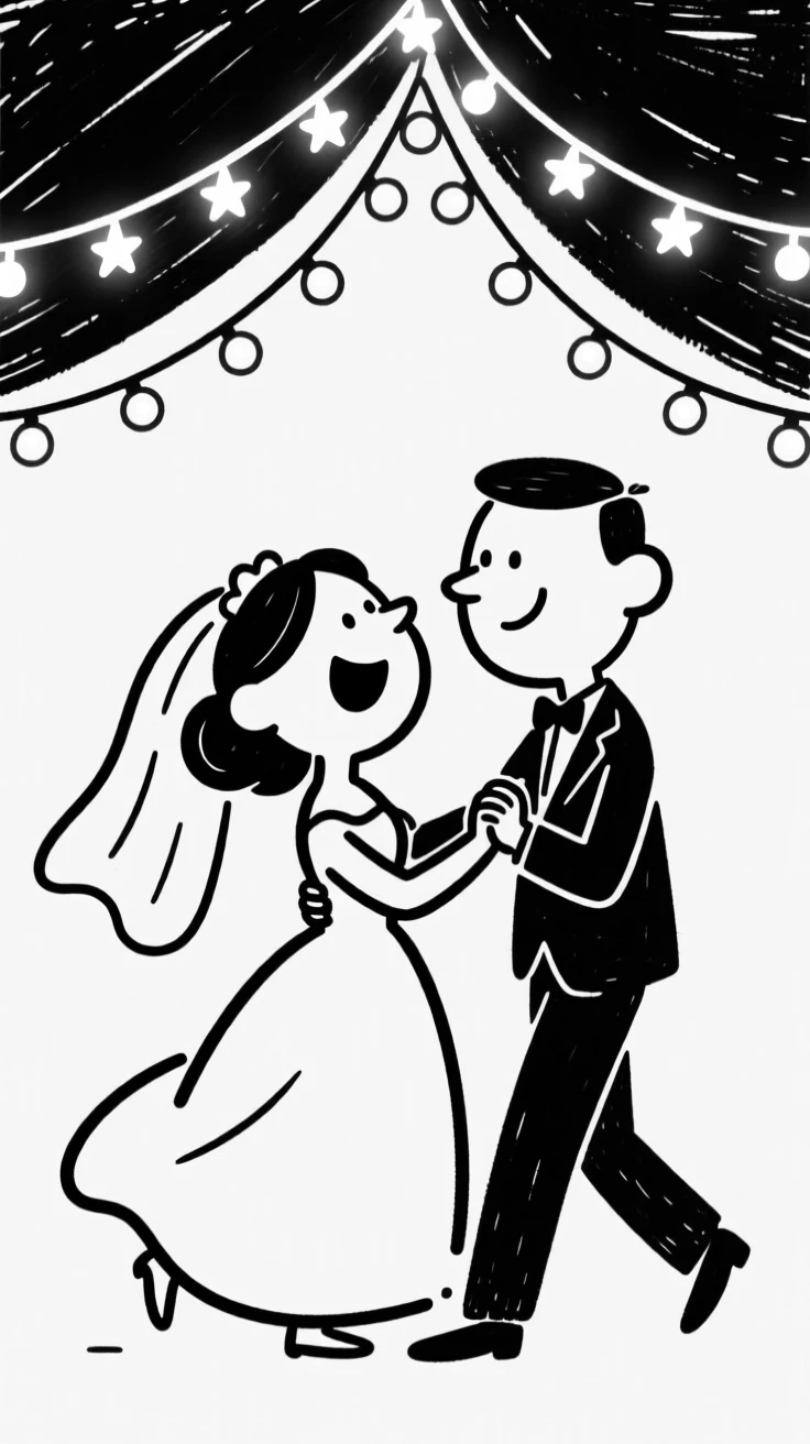 A bride and groom sharing their first dance under a canopy of twinkling fairy lights.