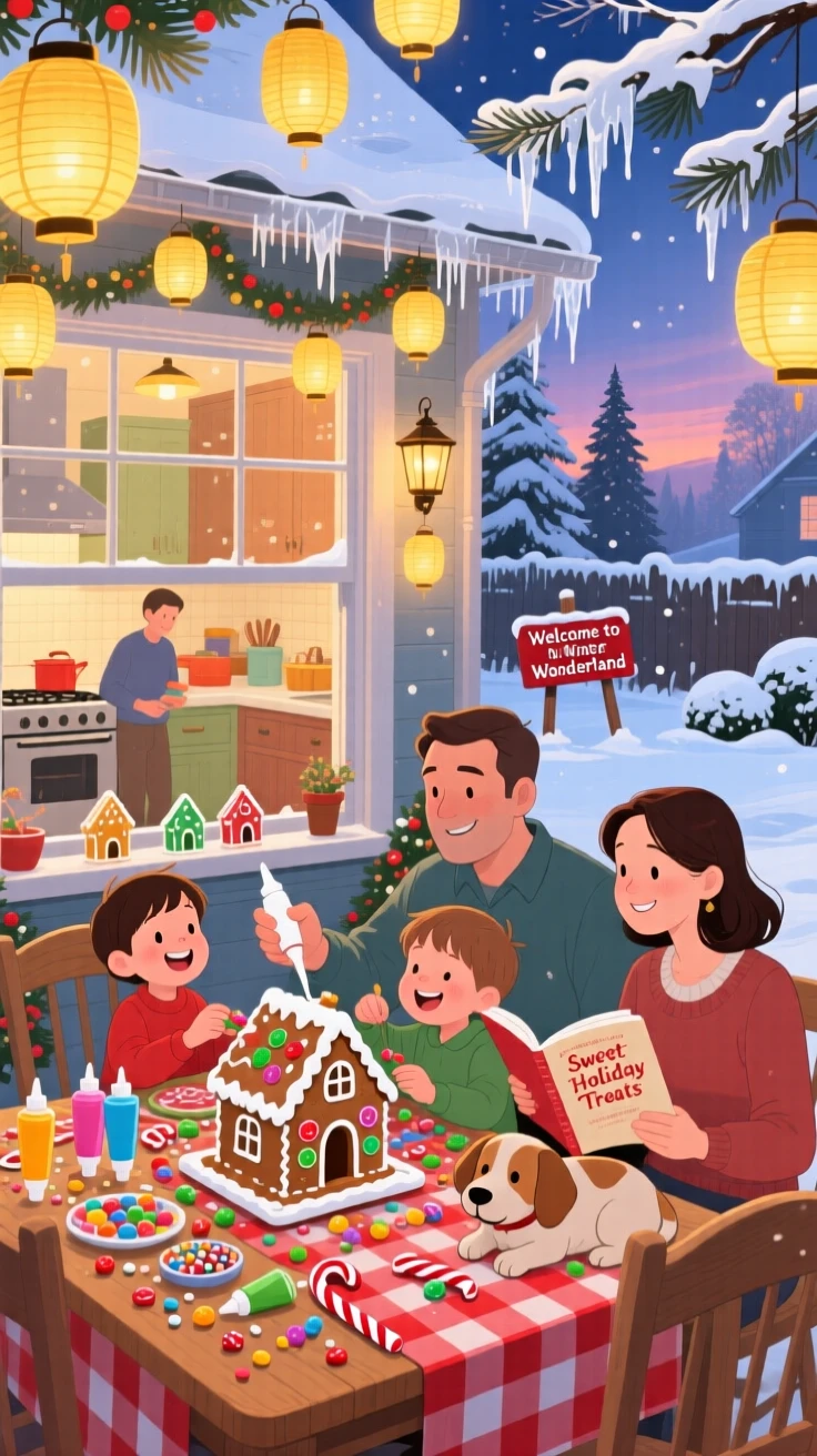 A family gathered together gather in a frosty backyard, decorating gingerbread houses at the kitchen table, as golden lanterns glow warmly.