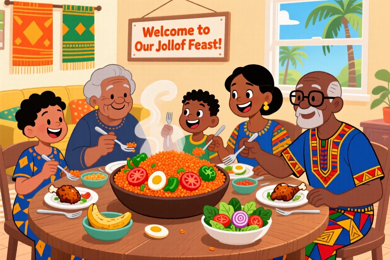 A family in Nigeria sharing a colorful jollof rice feast together.