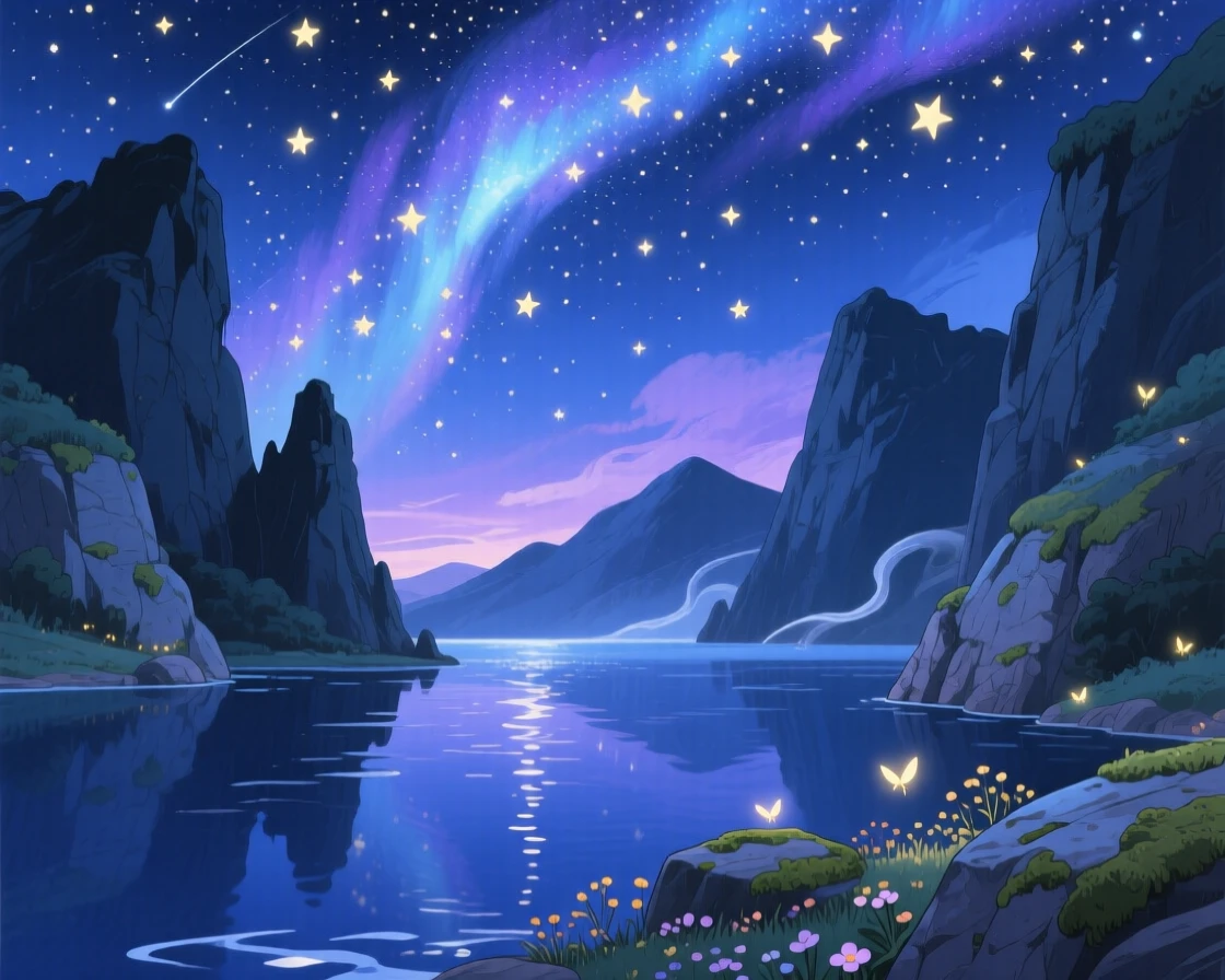 A stunning view of a starry night sky arching over a silent mountain lake, framed by silhouetted cliffs in the foreground.