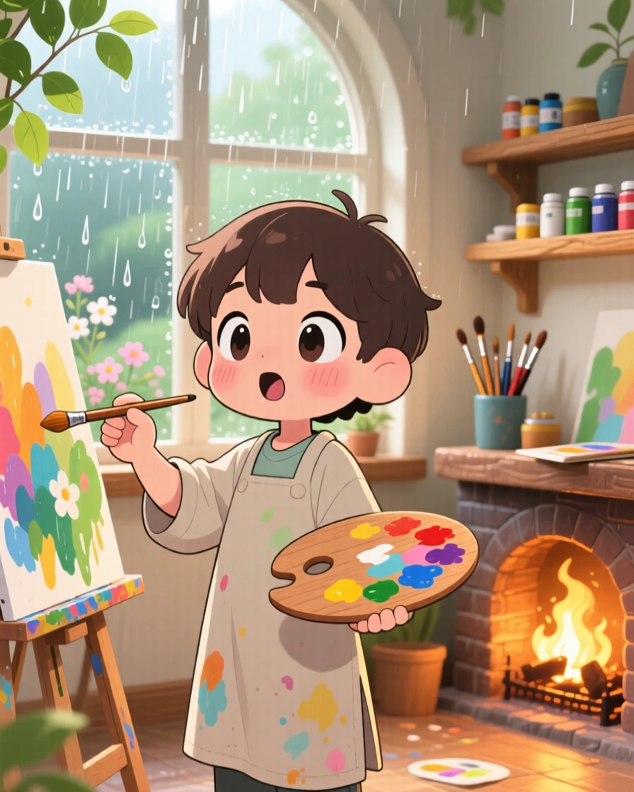 A young painter mixing colors on a wooden palette, framed as a waist-up portrait within a sunlit art studio, during a gentle spring rain shower, glowing under cozy firelight, evoking gentle surprise.