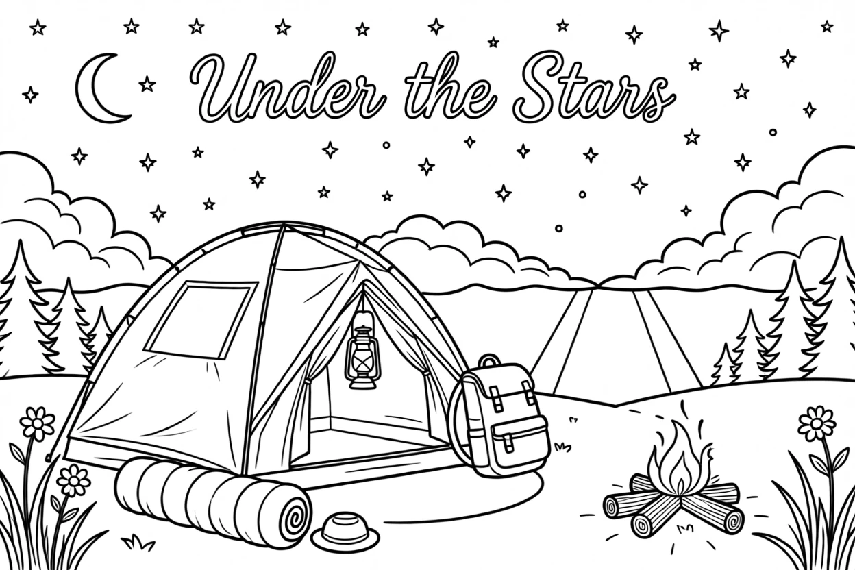 A tent glowing from lantern light beneath a starry sky, with sunlight breaking dramatically through the clouds.