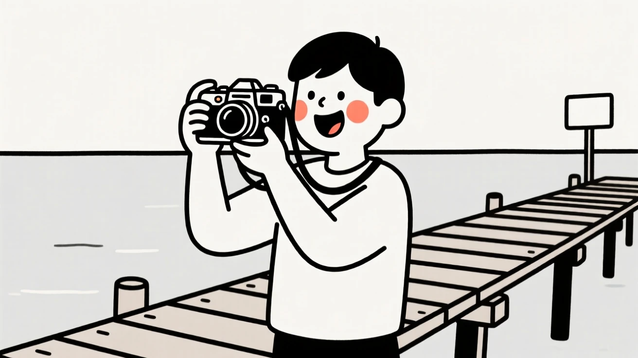 A photographer of korean heritage adjusting a vintage camera, bursting with excitement, on a wooden fishing pier.