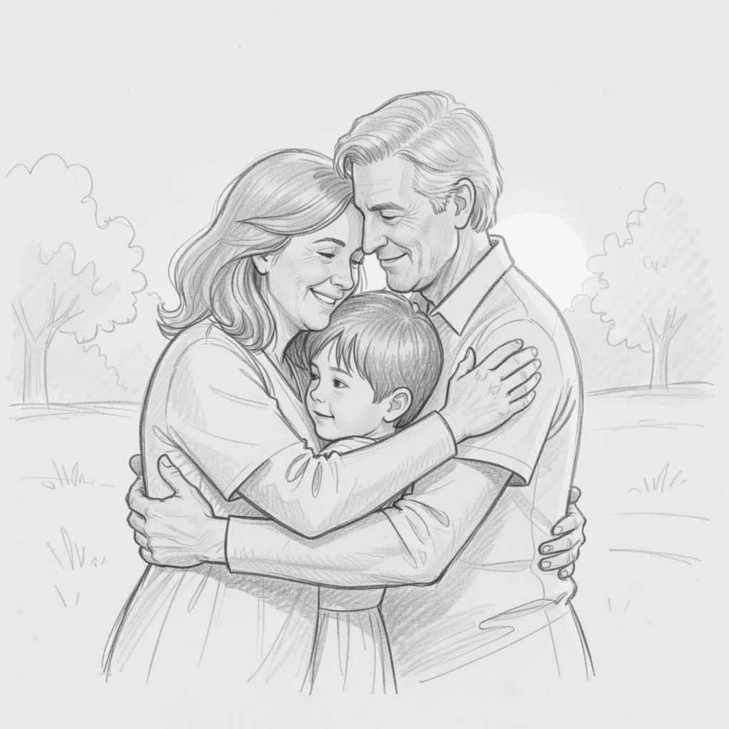 A family reunion embrace after years apart, during a warm summer evening, captured in a tender, unguarded moment.