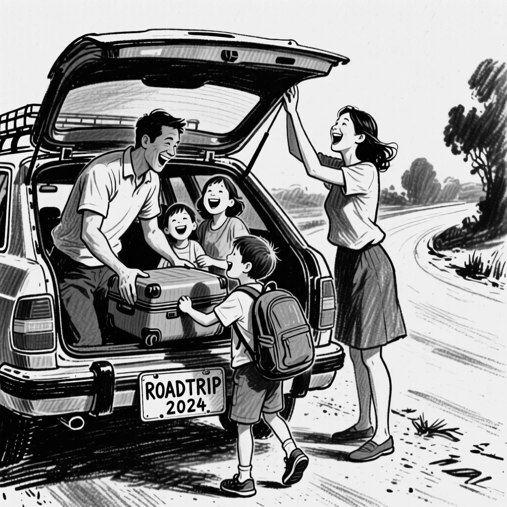 A family loading a car for a road trip, as laughter fills the air around them.