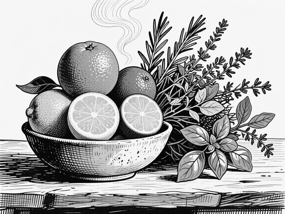 A stack of citrus fruits in a bowl set beside a bouquet of fresh herbs, with steam rising gently into the air, presented in a fresh and vibrant culinary still life.