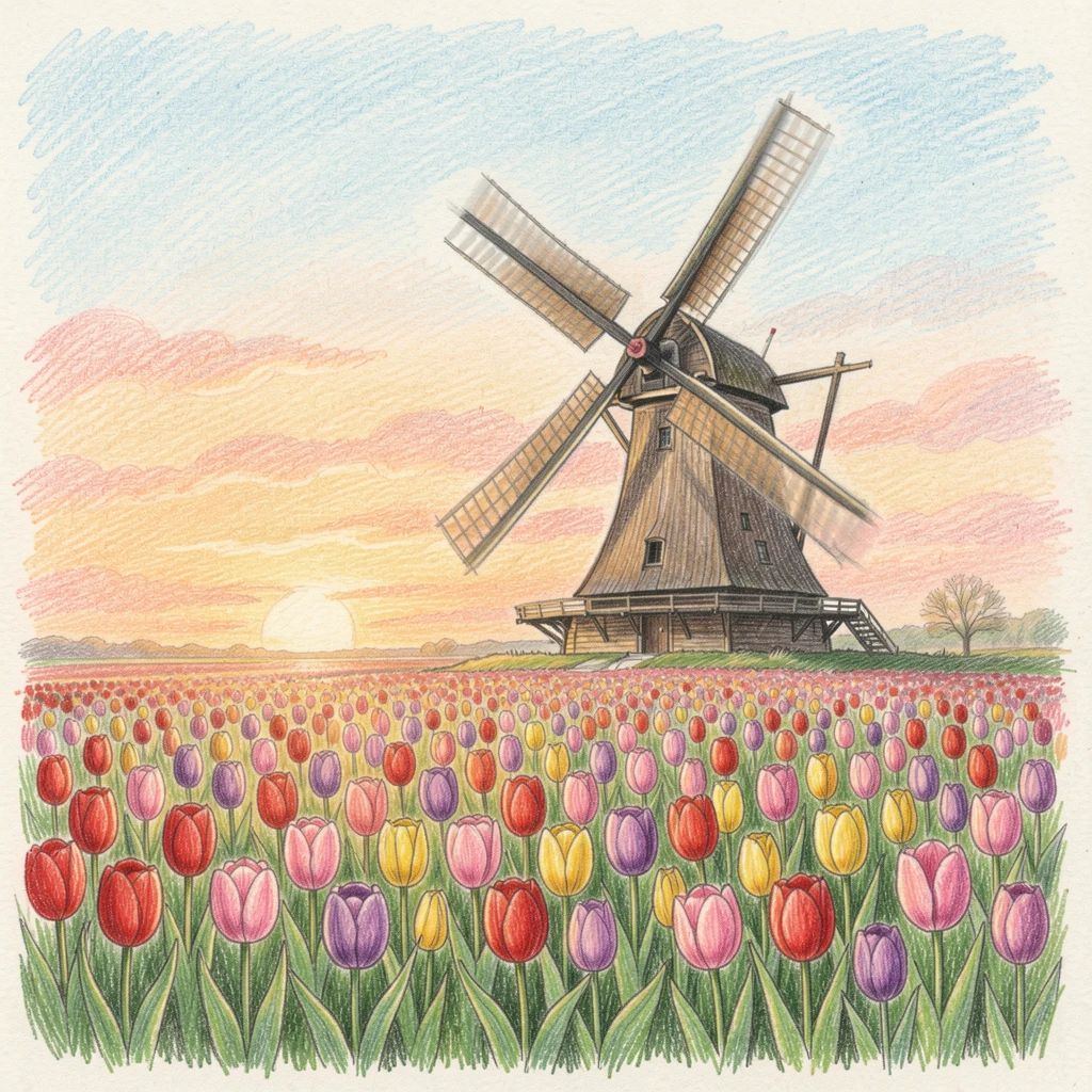 A windmill turning slowly beside a tulip field at sunrise, with rich, inviting textures throughout the scene, designed to feel inviting, memorable, and shareable.