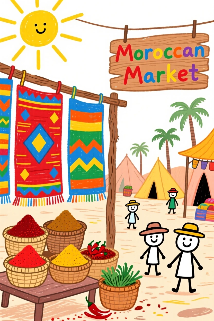 A Moroccan market filled with colorful woven rugs and spice baskets.