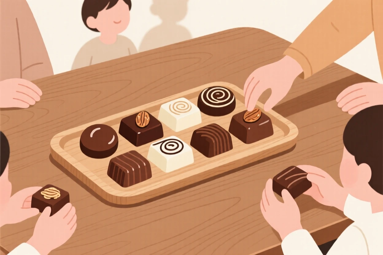 A display of artisan chocolates beautifully displayed on a wooden table at a family gathering.