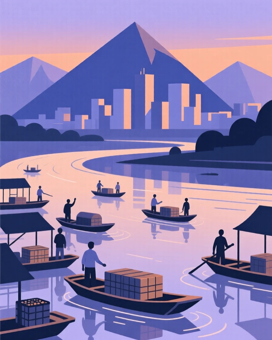 A view of a floating market at a riverside city at dusk, framed by distant mountain peaks, capturing adventurous excitement.