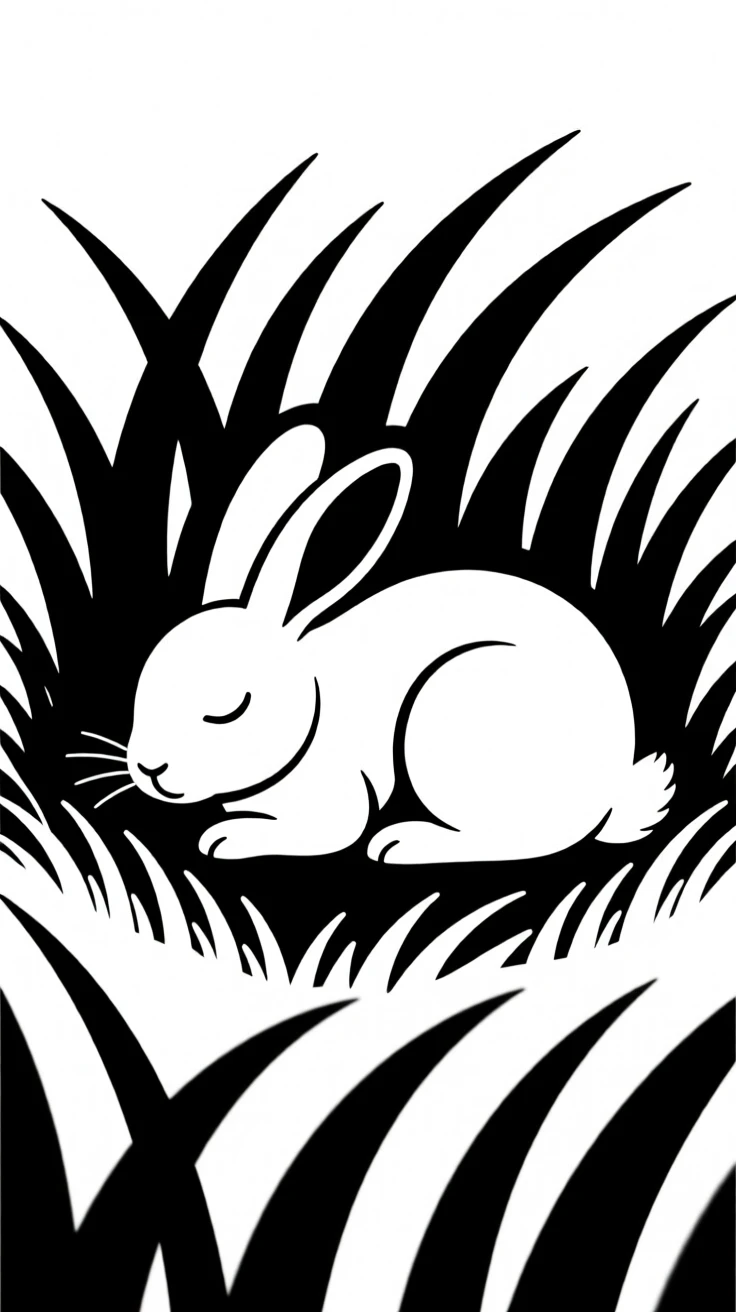 A bunny nestled in a bed of soft grass.