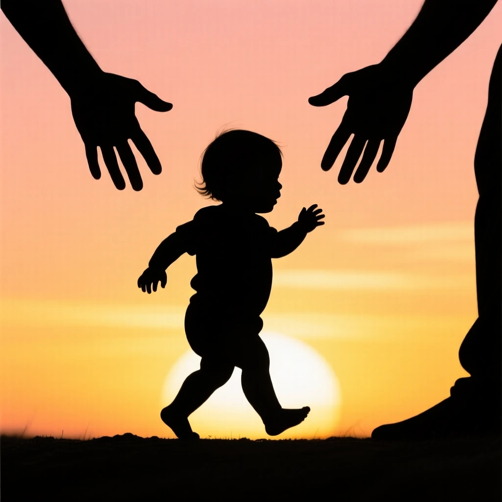 A child taking their very first wobbling steps toward outstretched arms.