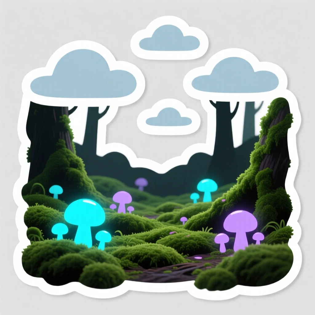 A calm and quiet moss-covered forest with glowing mushrooms, with soft clouds drifting overhead, on a clear and cloudless day.