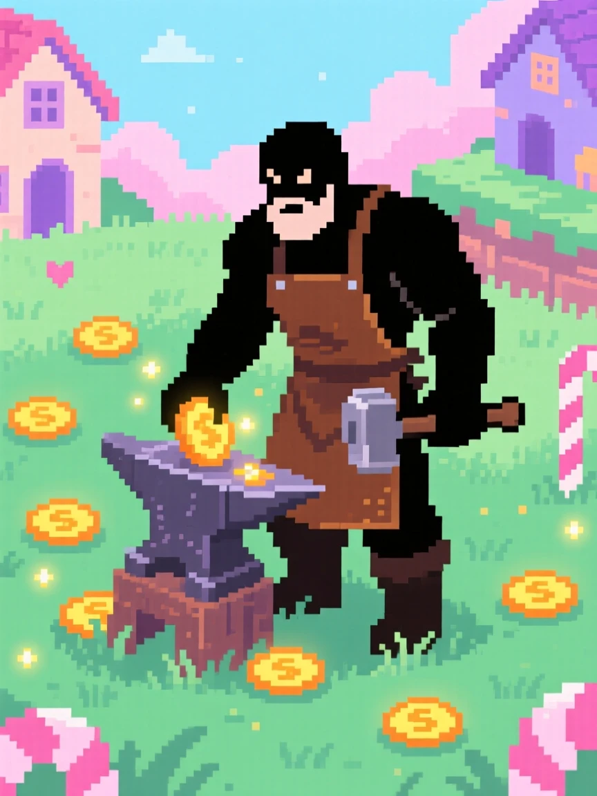 A village blacksmith collecting glowing coins in a grassy field, inside a candy-colored bonus level.