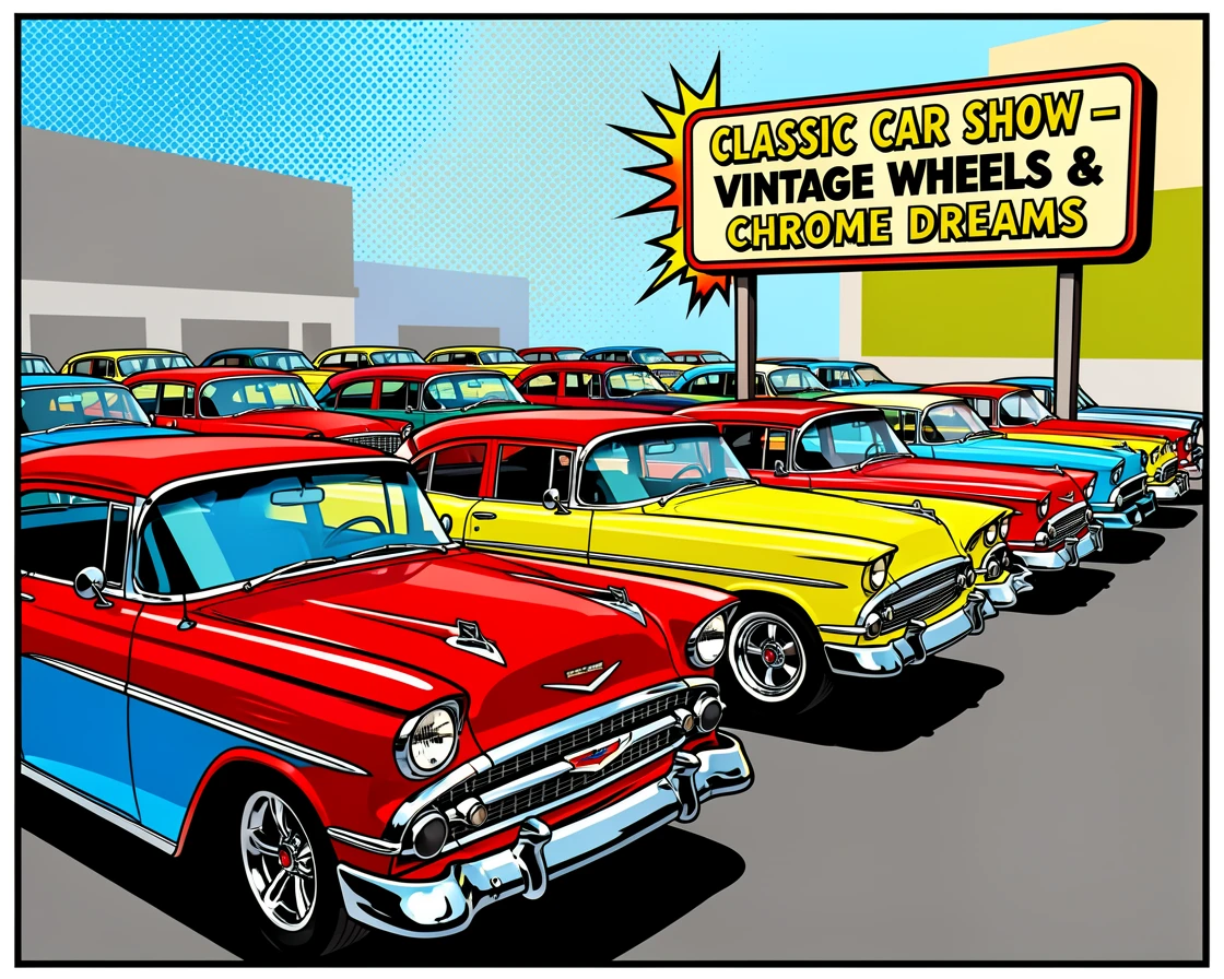 A classic car show with rows of gleaming vintage automobiles