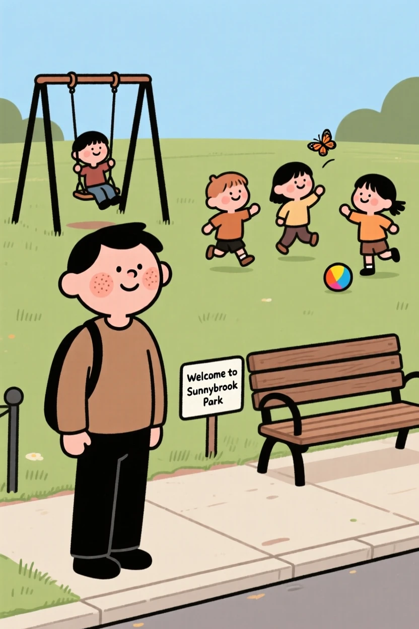 A tired commuter pauses mid-morning errands to watch children laughing in a nearby park, a small smile crossing their face at the simple beauty of it.