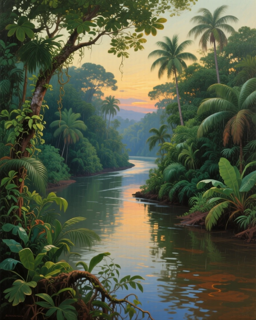 A panoramic view of a tropical jungle river winding beneath a dense green canopy, in the 1950s, at dusk.