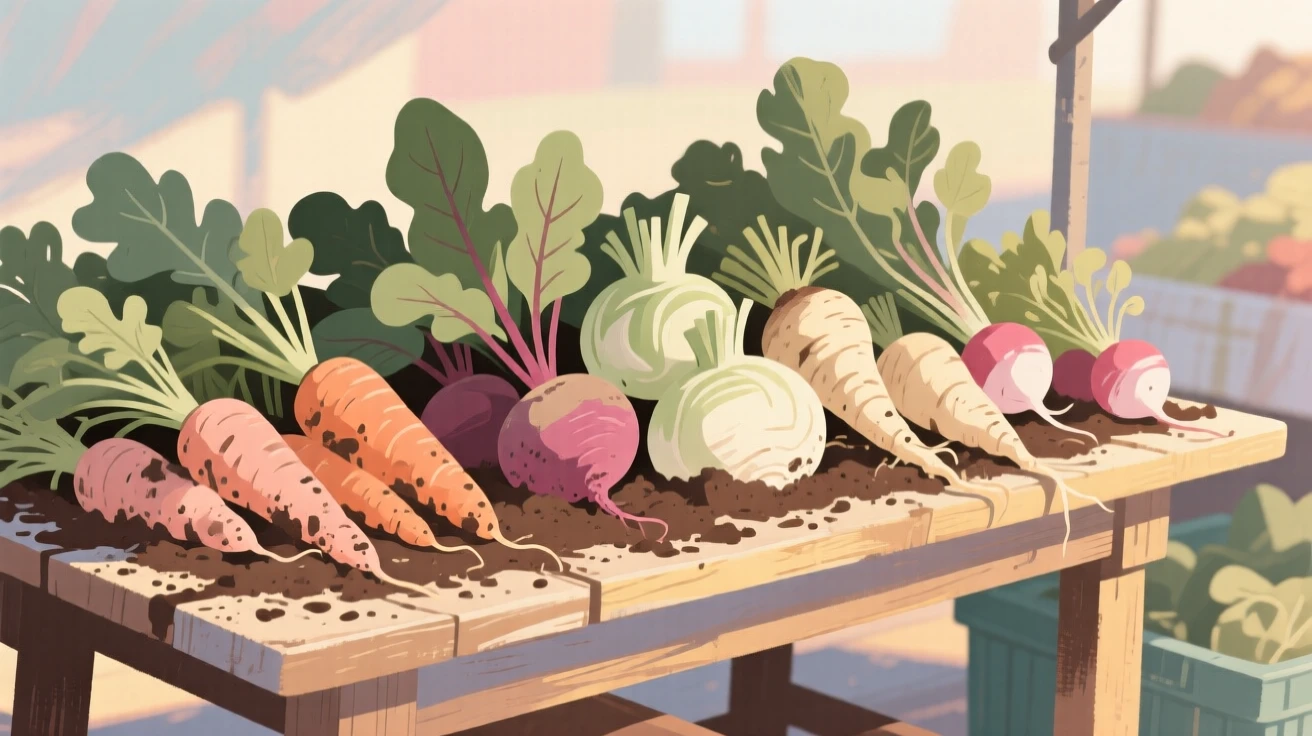 A market table piled with root vegetables still covered in earth