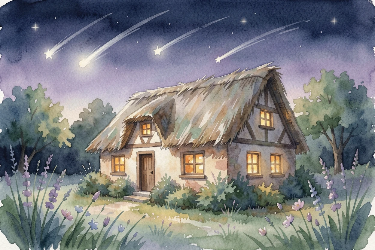 A fairy tale cottage with a thatched roof and glowing windows as shooting stars streak overhead.