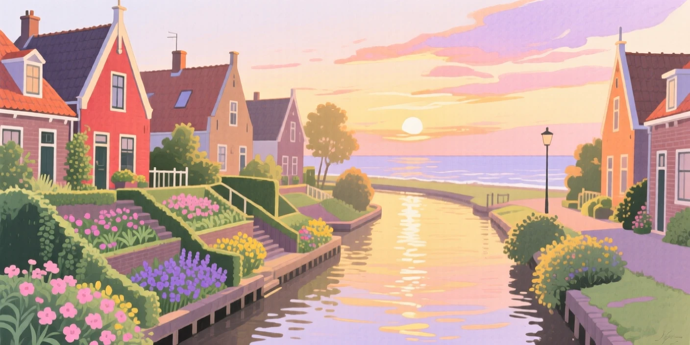 A picturesque view of a canal-lined Dutch town with terraced gardens overlooking the sea, at golden hour