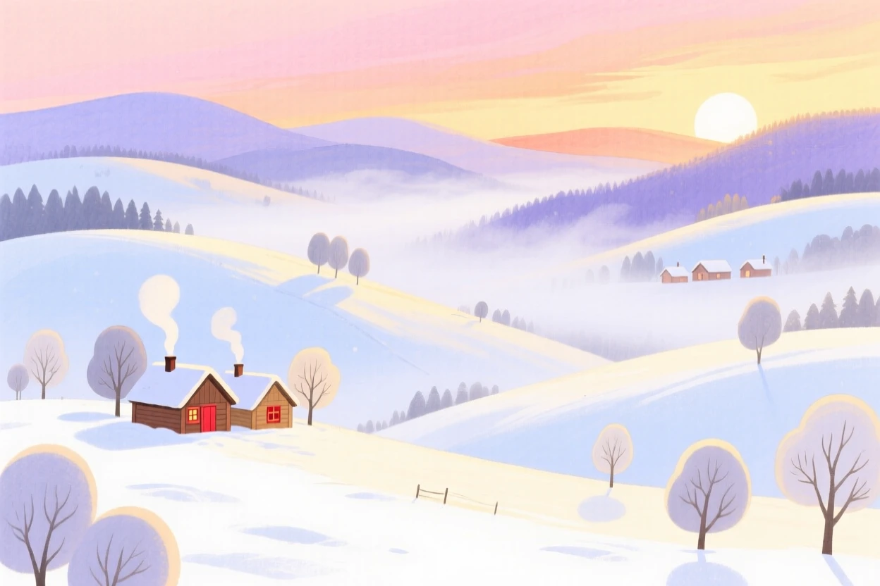 A panoramic scene of a misty valley at first light under a blanket of winter snow.