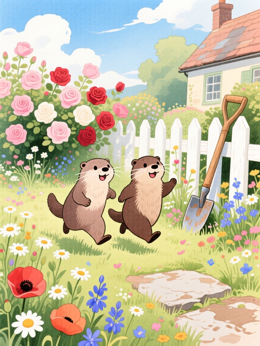A pair of otters hopping through a meadow of wildflowers, set in a sunny cottage garden overflowing with roses, sparking a feeling of tender nostalgia.