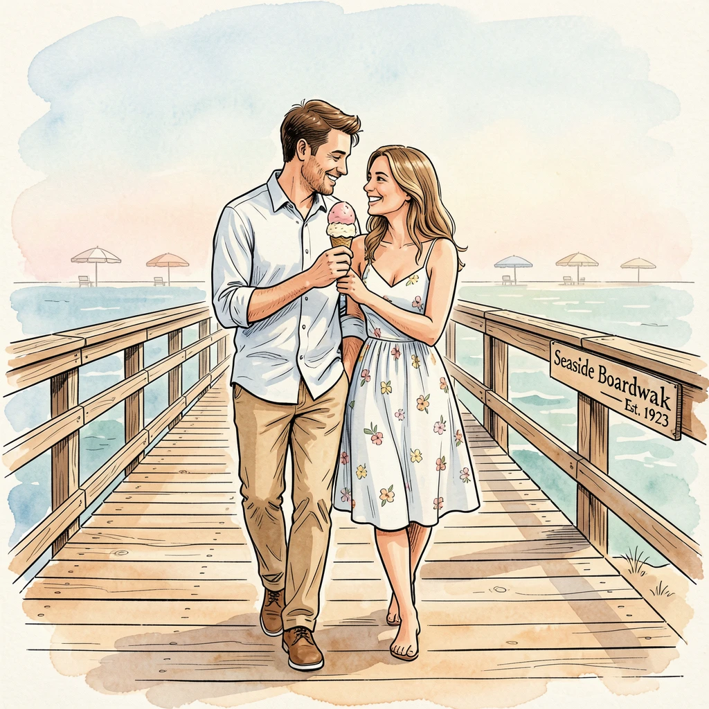 A couple sharing an ice cream cone while strolling along a boardwalk, the surrounding setting adding a sense of everyday charm.