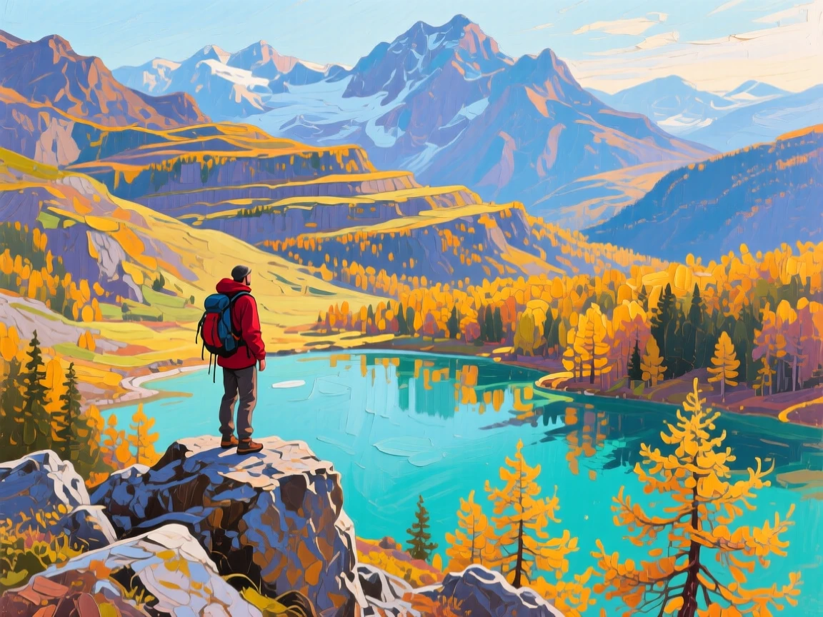 Terraced foothills rising toward distant peaks, beside a turquoise glacial lake, a lone hiker pausing on an outcrop to take in the view, on a crisp autumn morning with golden larches far below.