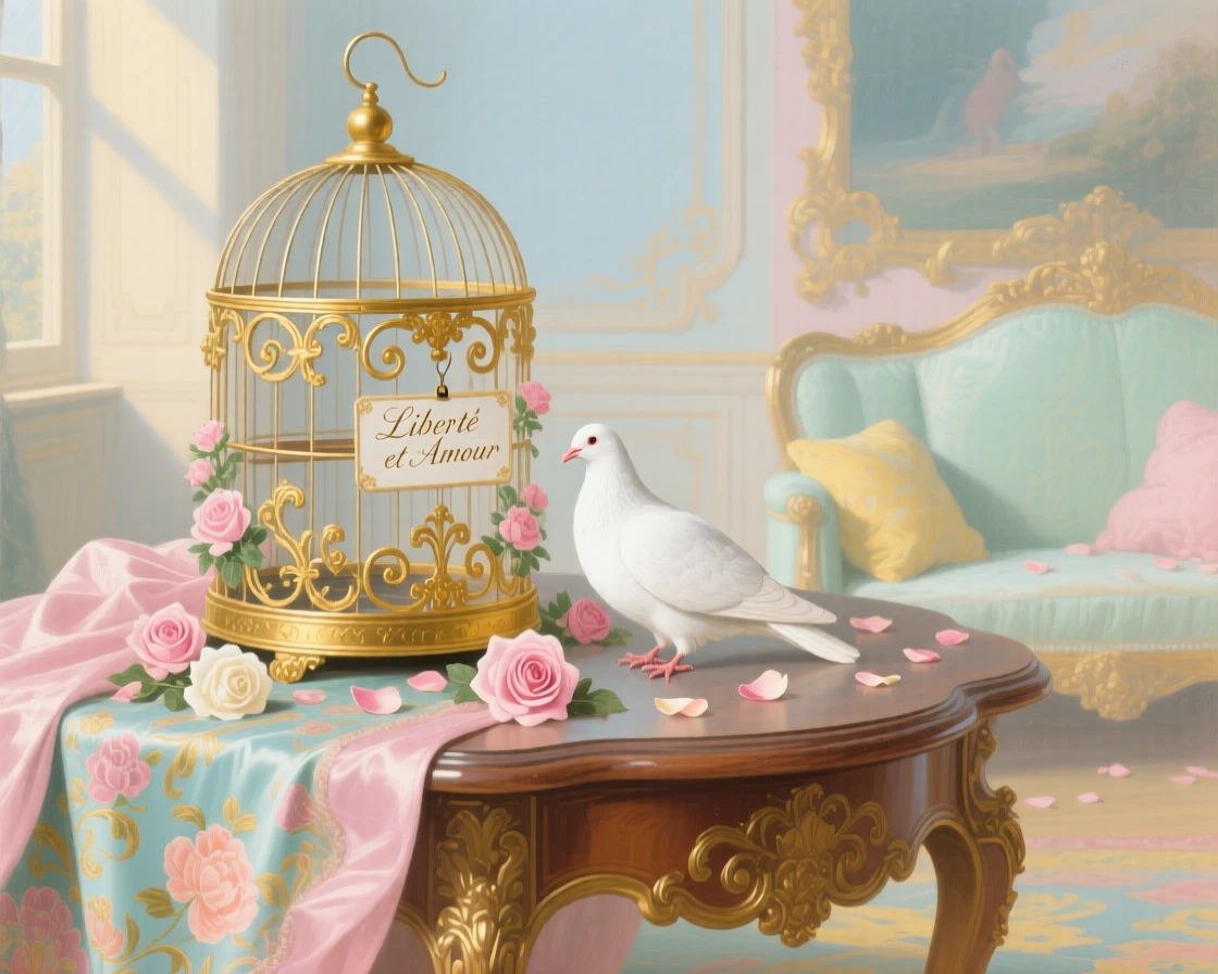 A gilded birdcage with a white dove beside scattered rose petals  