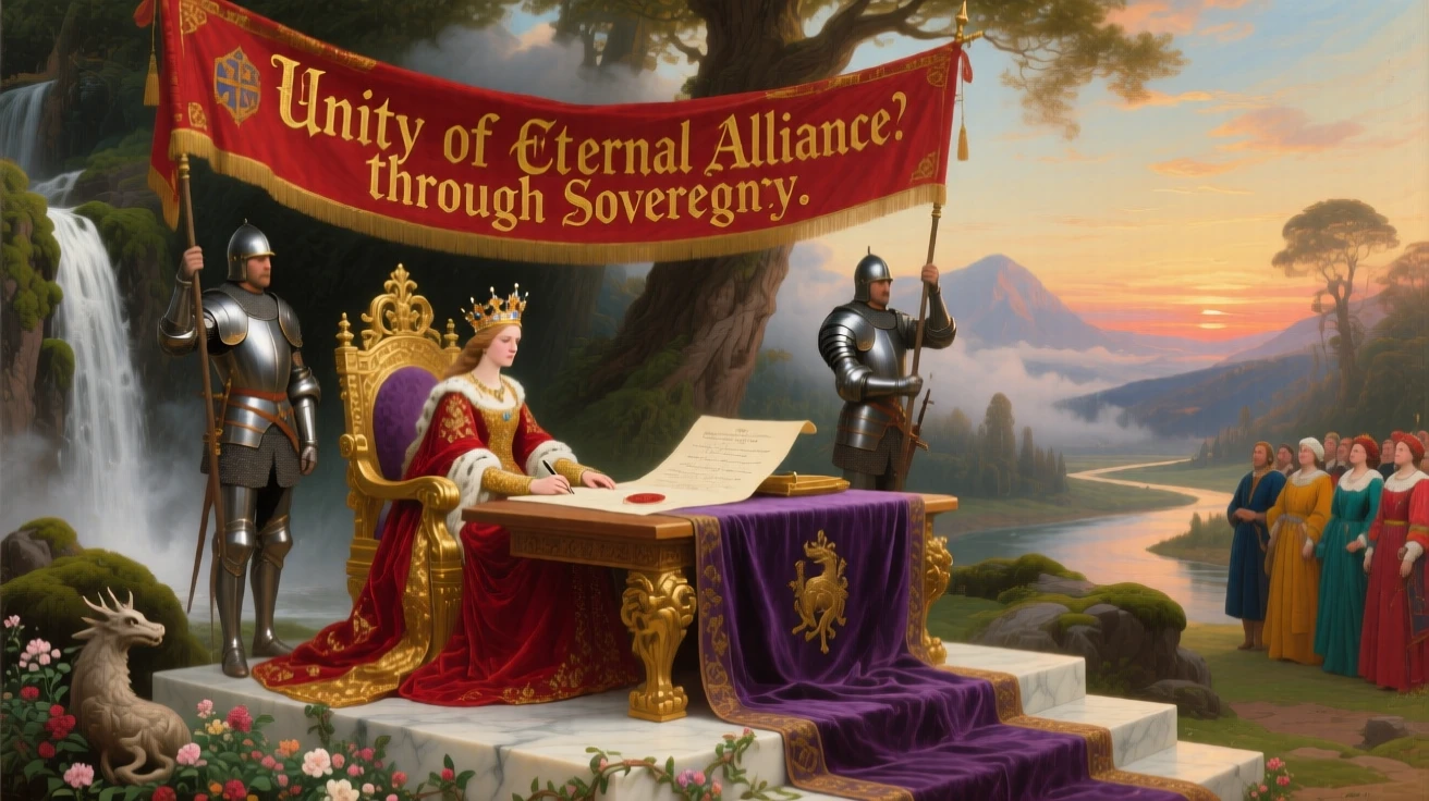 A queen signs a treaty following a grand coronation ceremony beneath a banner held high.