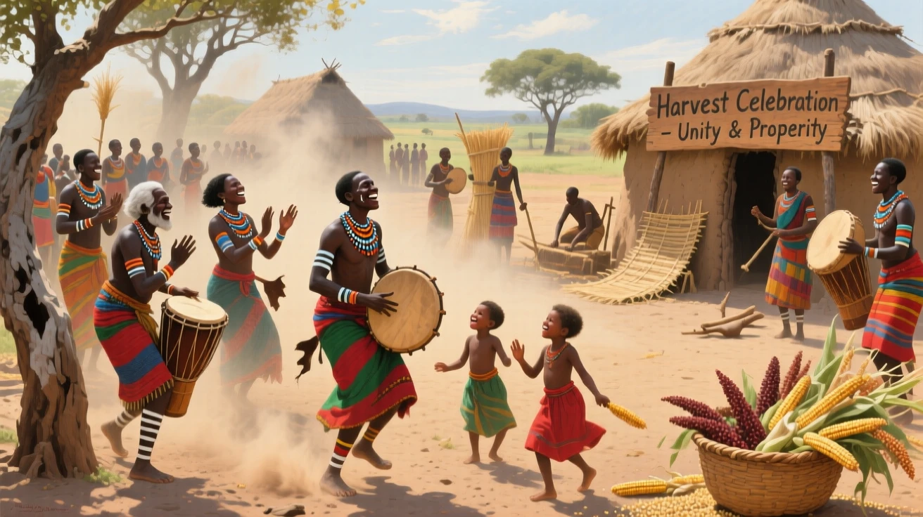 A tribal African village gathering for a joyful harvest celebration, with dust and motion conveying the energy of the historical moment, capturing the grandeur and detail of a bygone era