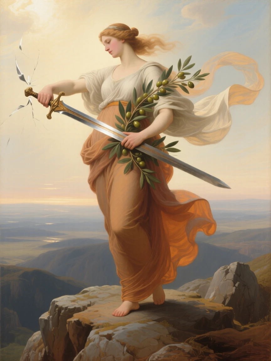 The allegory of Peace breaking a sword over an olive branch in a moment charged with timeless symbolic meaning, set atop a rocky promontory overlooking a vast unknown, with drapery caught in a wind that seems to come from another world; radiating light from the central figure draws every eye inward, capturing the eternal struggle between light and shadow.