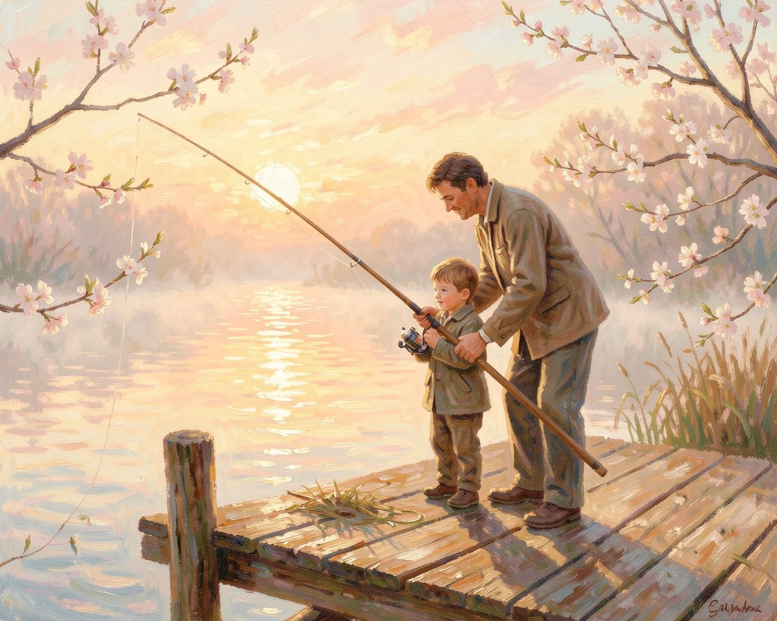 A father teaching his son to fish from a wooden pier at sunrise, mist rising gently off the water, just as the first blossoms of spring appear, radiating joy and gentle celebration.