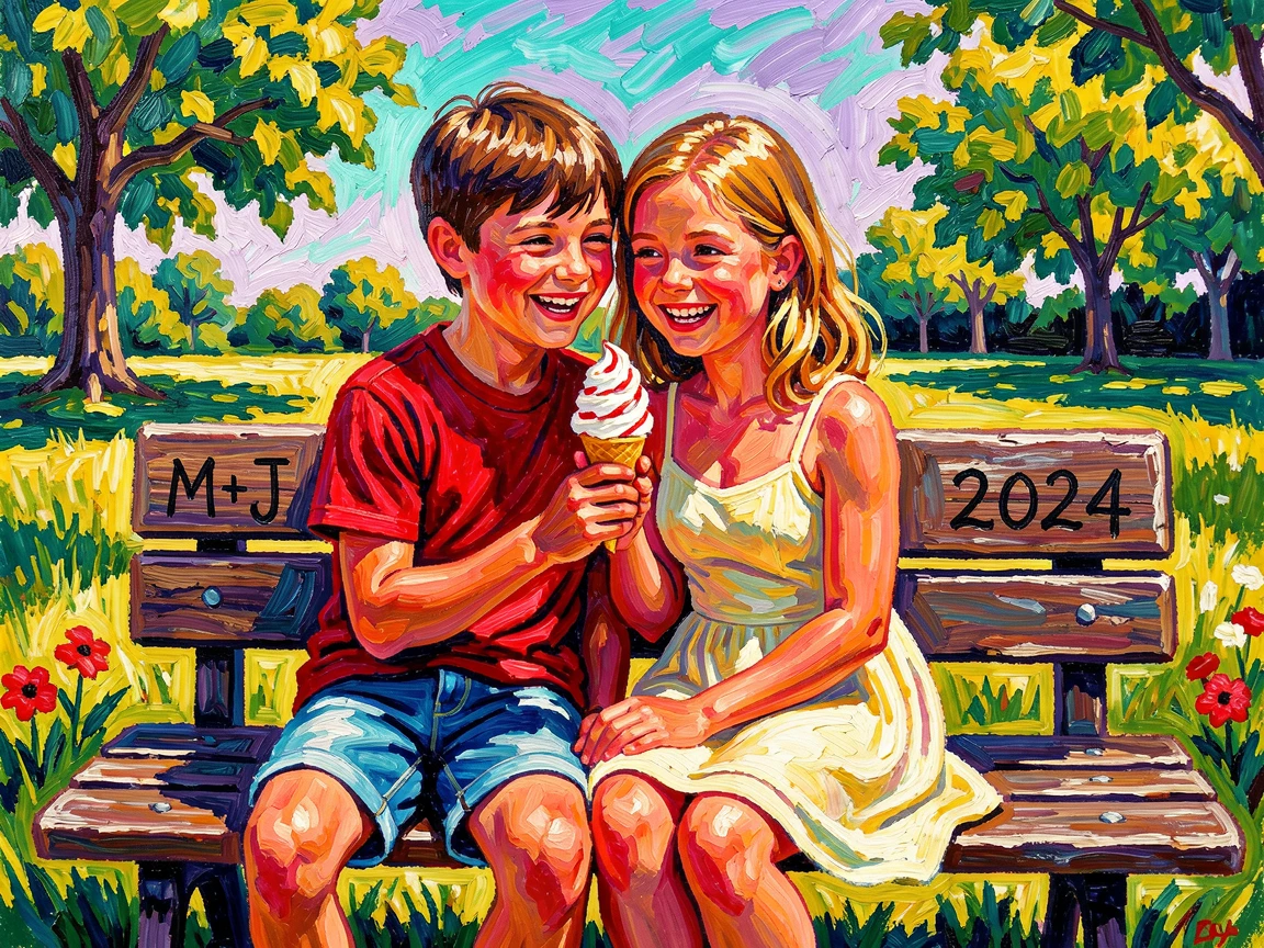 Childhood friends sharing an ice cream cone on a park bench in summer.