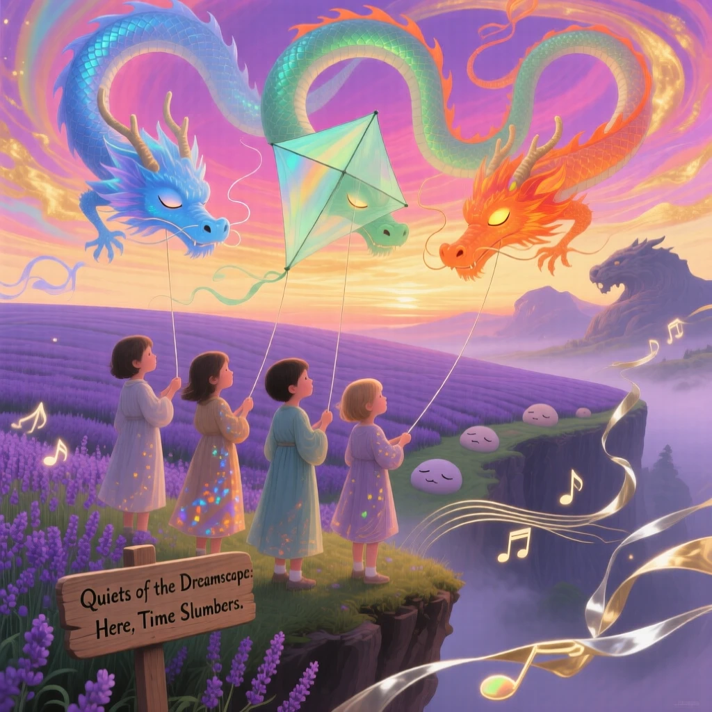 A group of children flying kites shaped like sleeping dragons works calmly, absorbed entirely in a quiet, private moment, while distant sounds drift softly through the surrounding air.