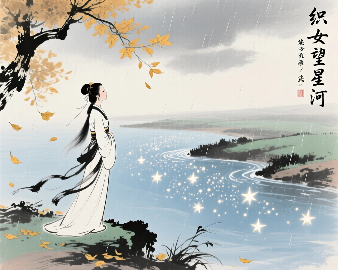 The weaver girl gazing across a river of stars toward her distant love, just after a rain shower, as autumn leaves turn golden.