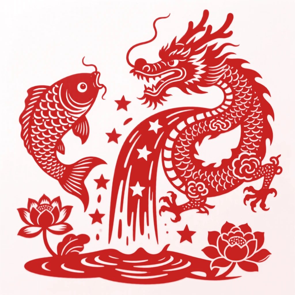 A koi fish transforming mid-leap into a dragon as it bursts through a waterfall of stars