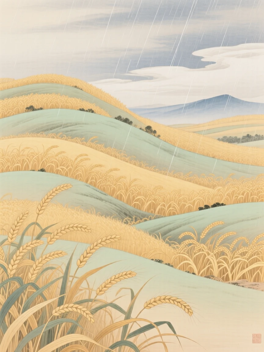 Rolling hills covered in golden wheat at harvest time, with gentle rain falling over the layered hillsides