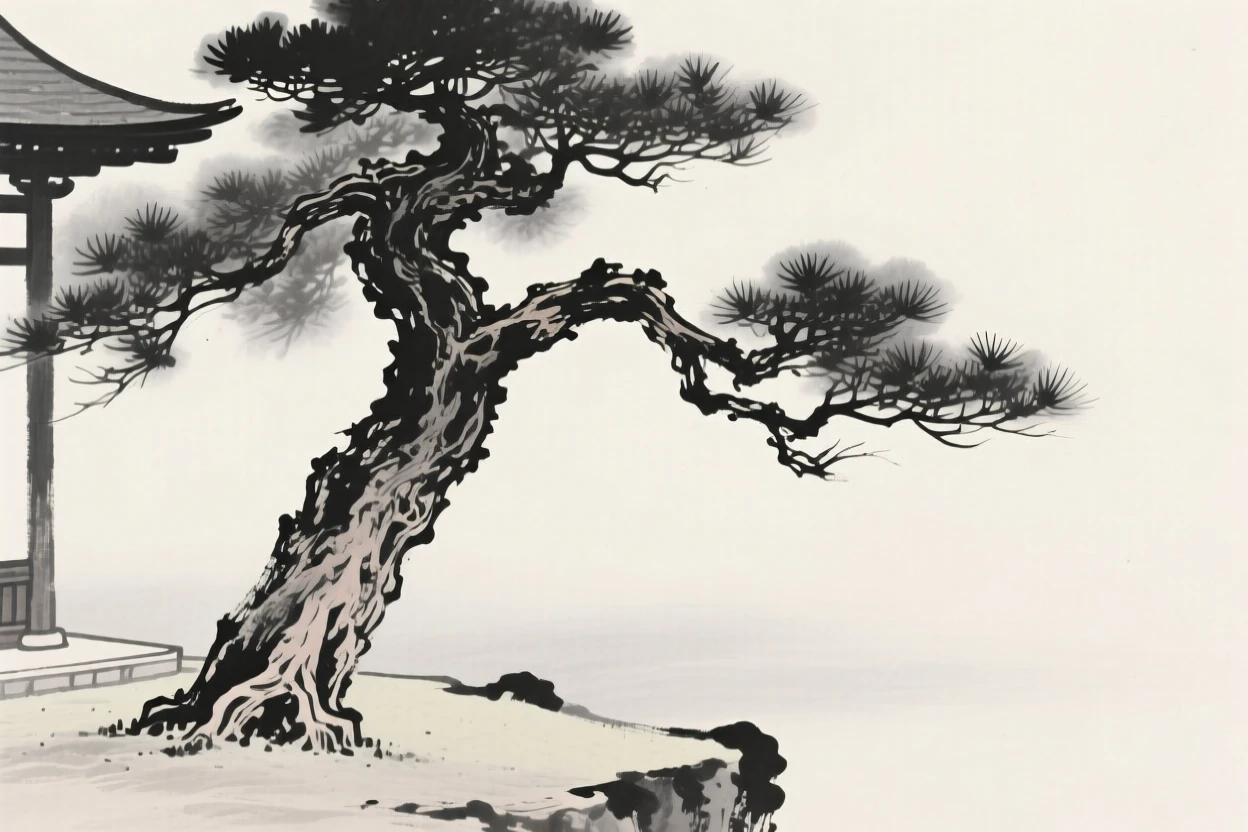 An ancient gnarled pine tree in the corner of a secluded temple garden, set against a soft gradient of misty background, suggesting patience, resilience, and quiet strength.
