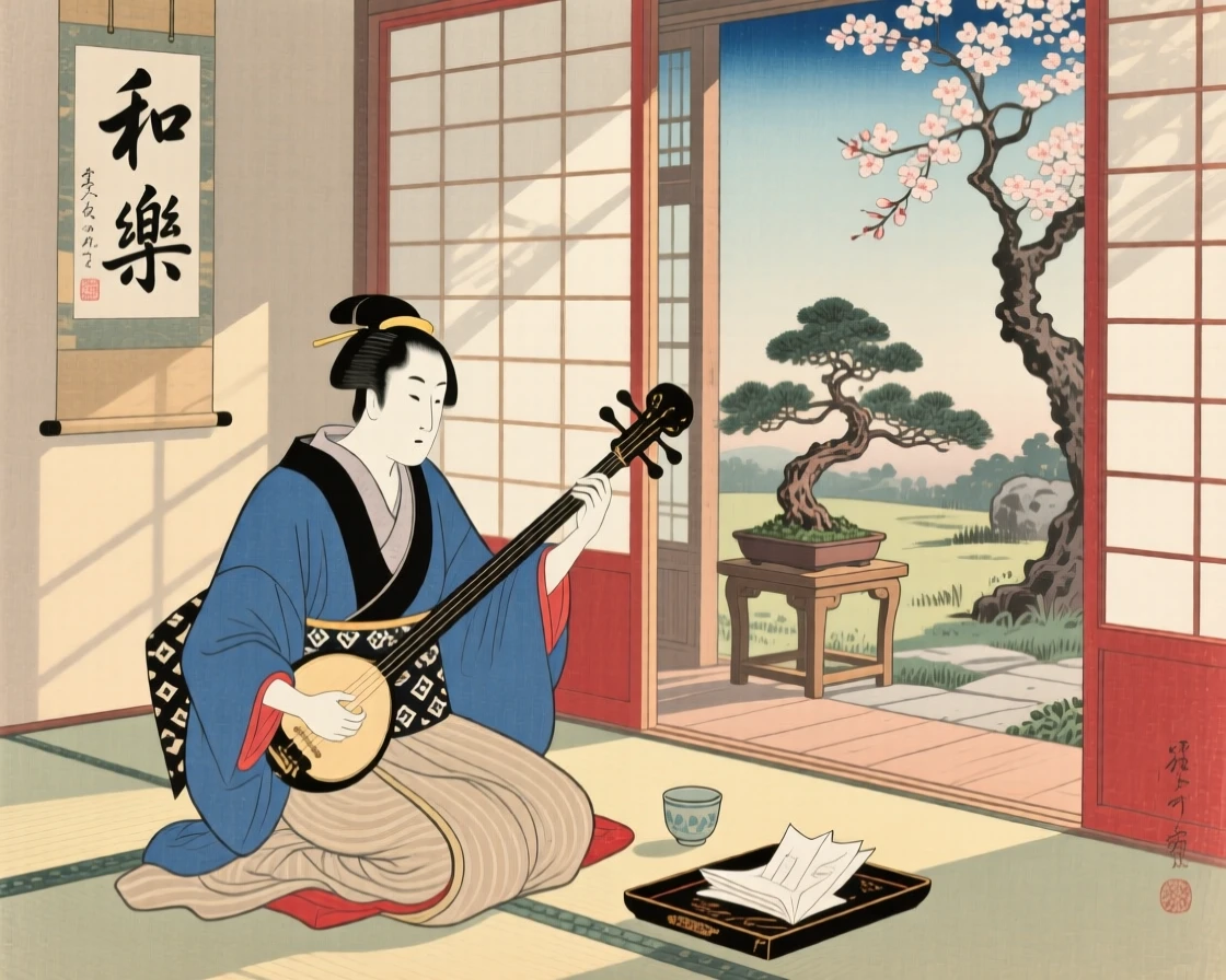A traveling merchant playing music in a sunlit room.
