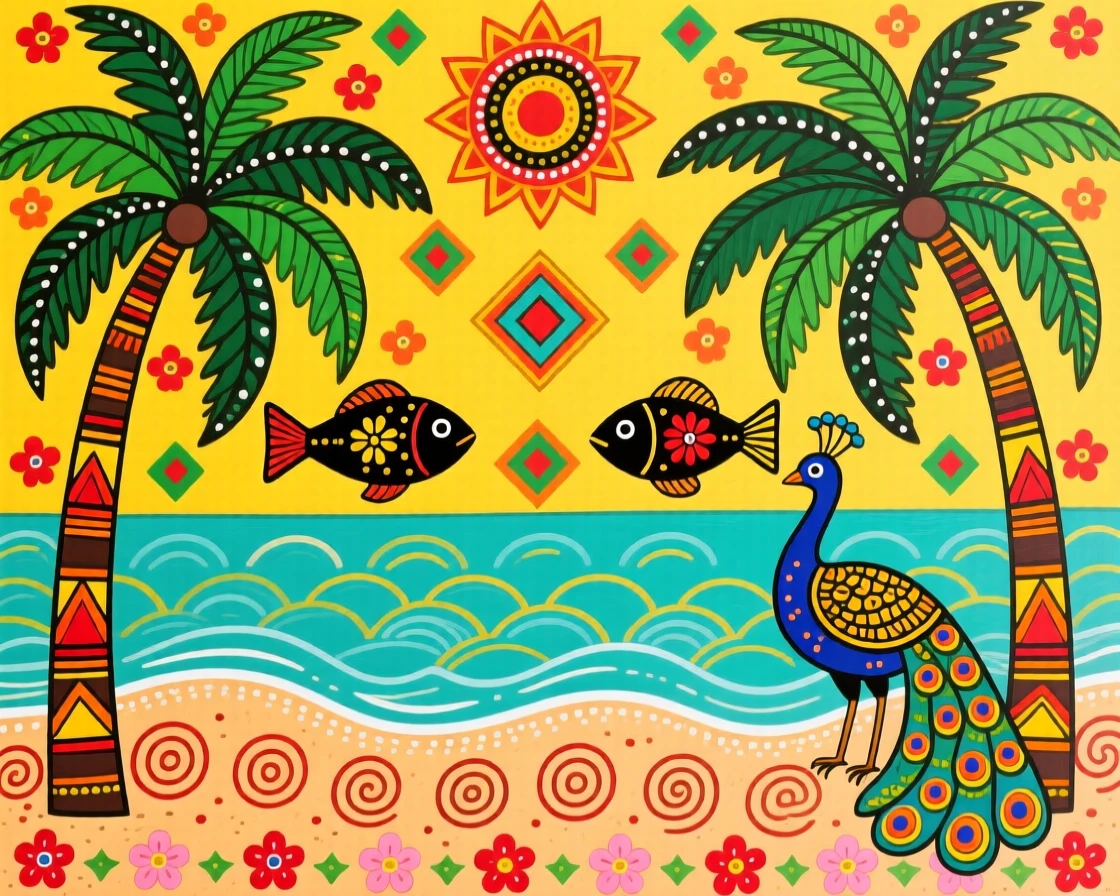 A palm-fringed tropical beach with turquoise water lapping the shore.