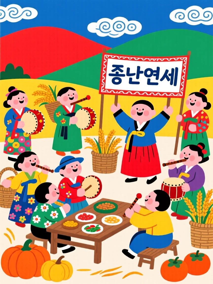 Villagers gathering for a harvest celebration.