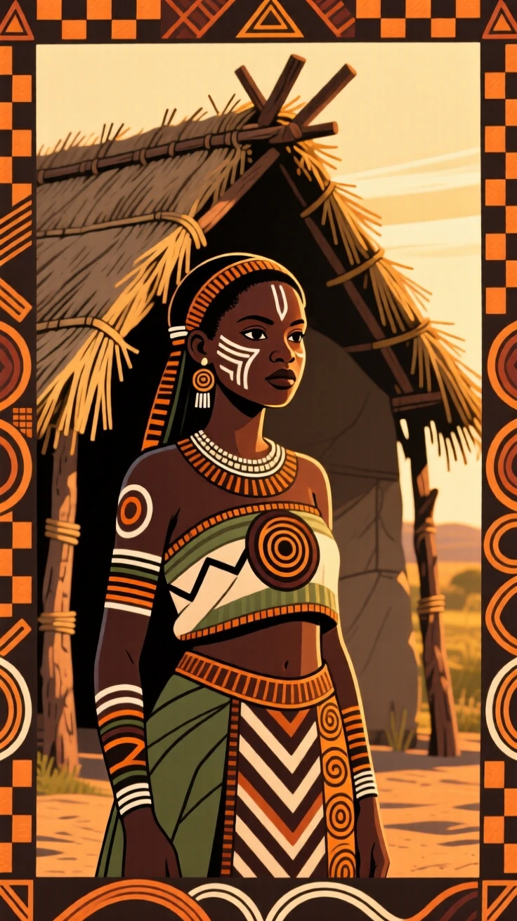 A young bride standing before a thatched hut at golden hour.